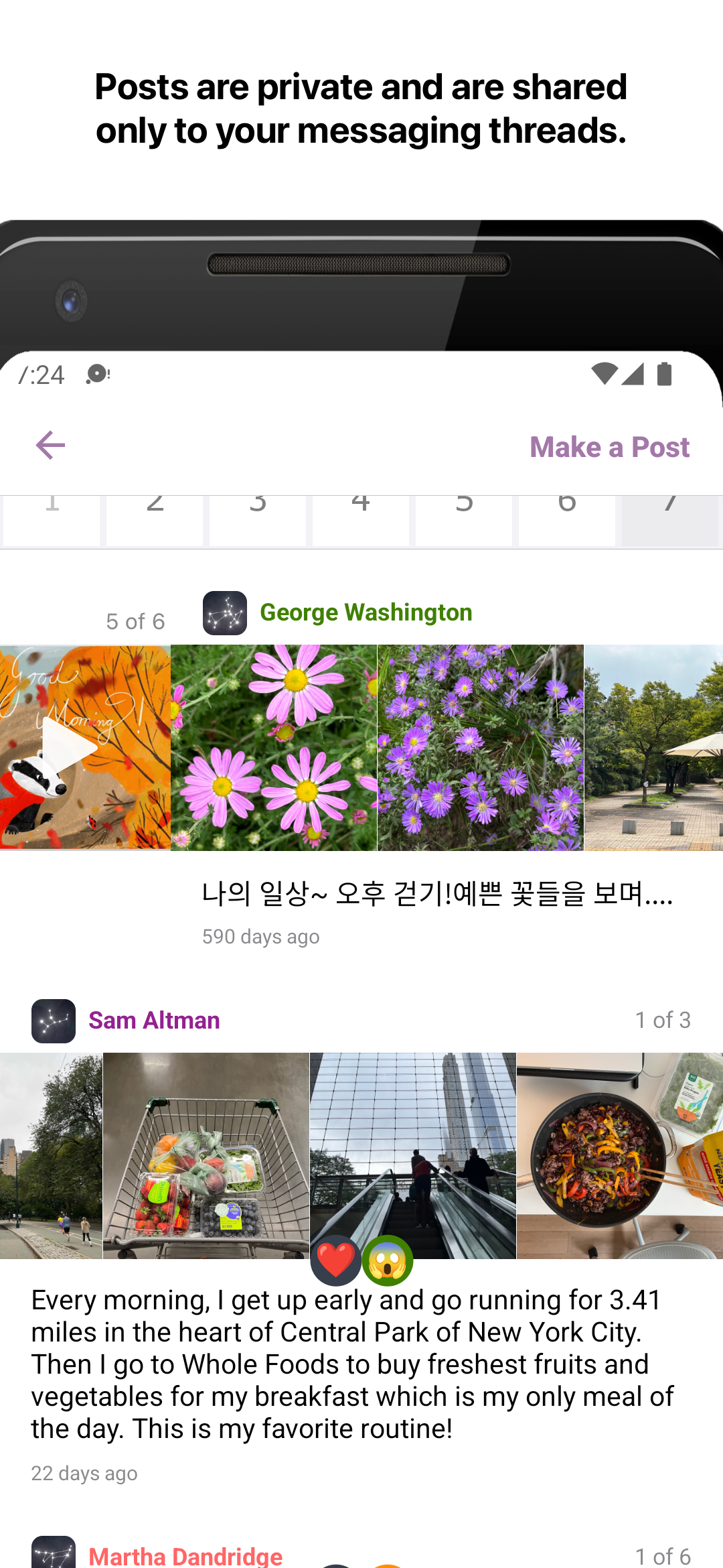 Create posts just for your friends and family. Posts are shared to all messaging threads in this messaging detail page.