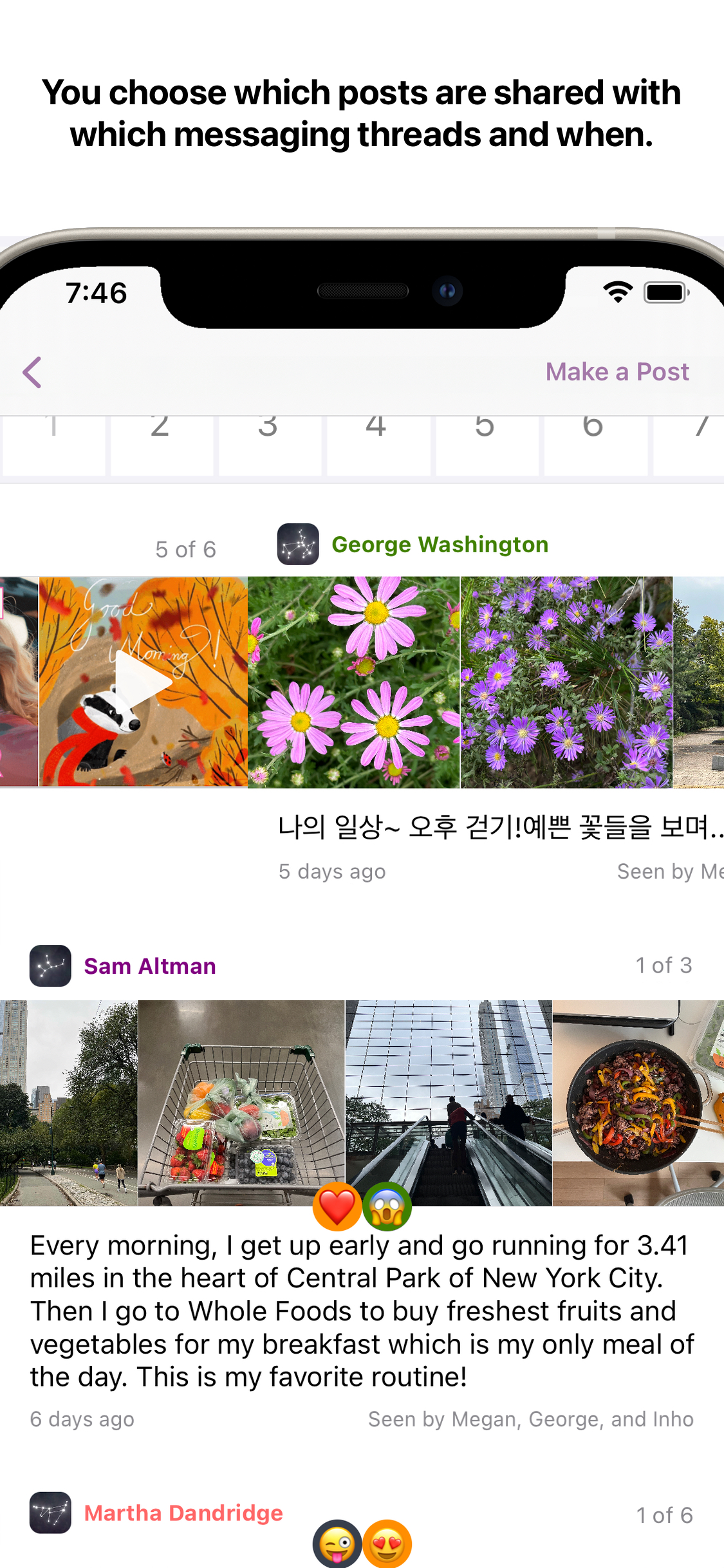 You choose which posts are shared with which messaging threads and when.