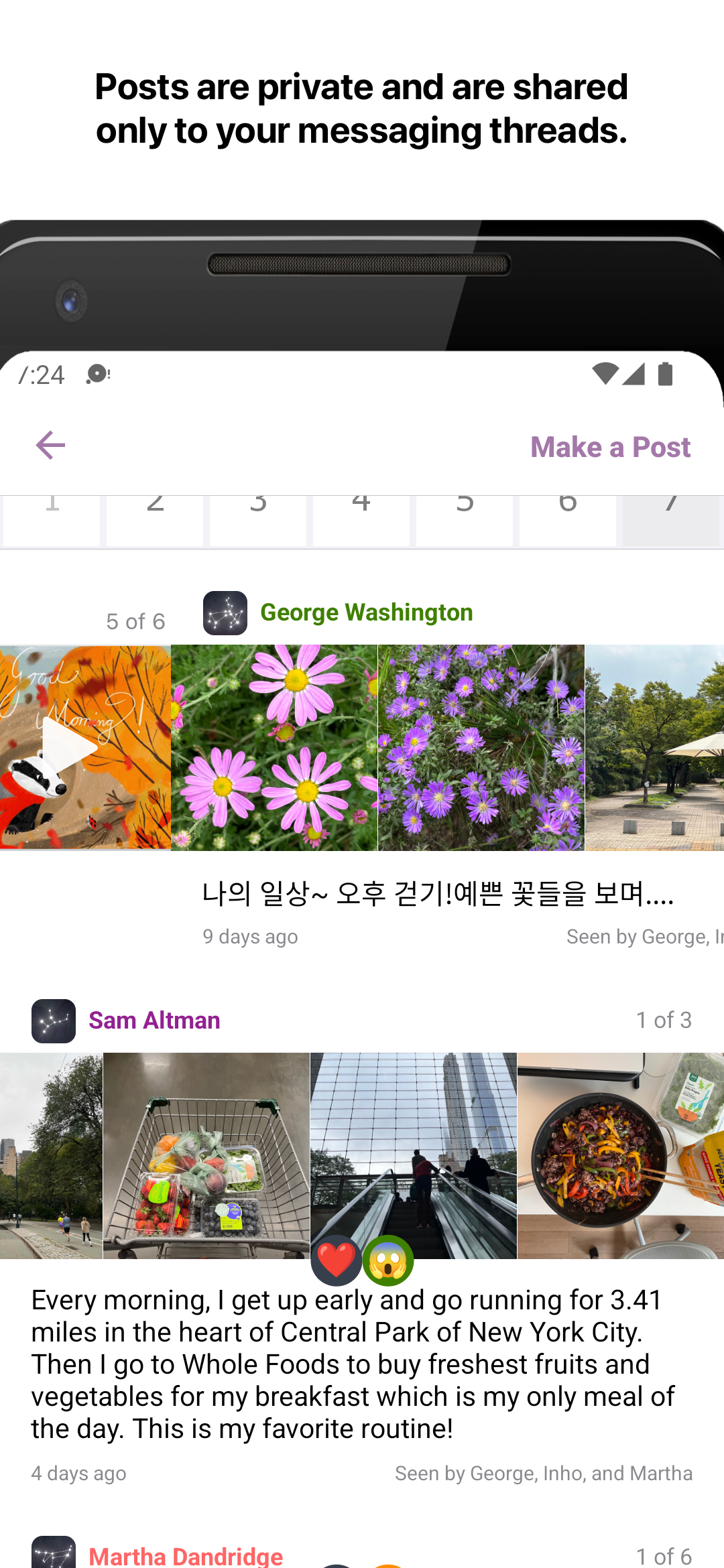 Posts are private and are shared only to your messaging threads.